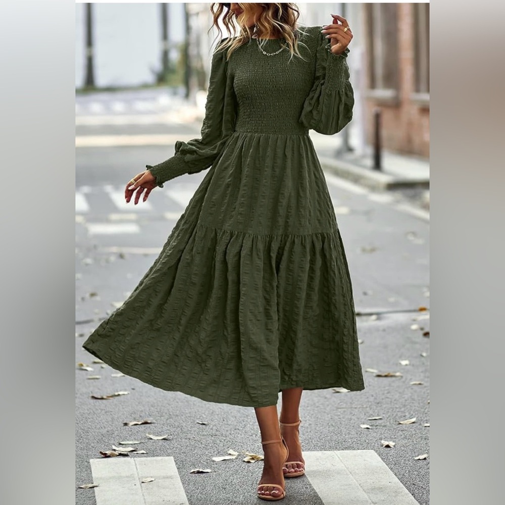 2025 Spring Puff L/S Smocked Tier Maxi Dress Flowy Beautiful Olive Color